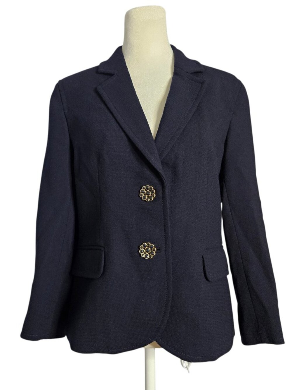 J Crew Y2K 100% Wool Blazer Womens 10 Navy Flower Buttons Jacket Preppy Academia